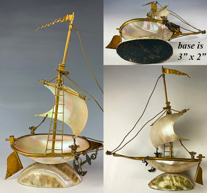 Antique French Grand Tour Souvenir, Mother of Pearl 8" Tall Sail Boat, Anchor, Pocket Watch Holder