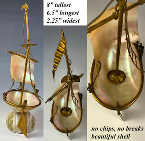 Antique French Grand Tour Souvenir, Mother of Pearl 8" Tall Sail Boat, Anchor, Pocket Watch Holder