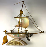 Antique French Grand Tour Souvenir, Mother of Pearl 8" Tall Sail Boat, Anchor, Pocket Watch Holder