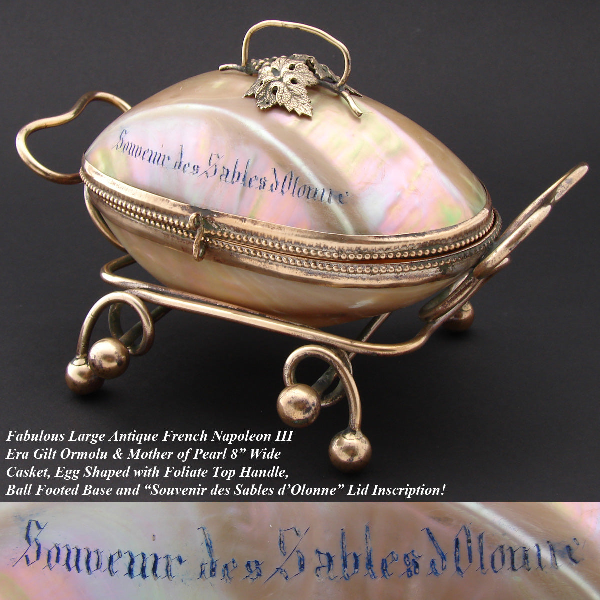 Large Antique French Napoleon III Era Palais Royal Style Mother of Pearl 'Egg' Casket, Souvenir