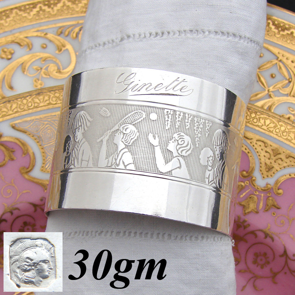 Antique French Sterling Silver Napkin Ring, Child's "Ginette" Inscription & Playful Badminton & Doll Decoration