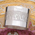Antique French Sterling Silver Napkin Ring, Child's "Ginette" Inscription & Playful Badminton & Doll Decoration