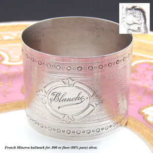 Antique French .800 (nearly sterling) Silver Napkin Ring, Guilloche Style with "Blanche" Inscription