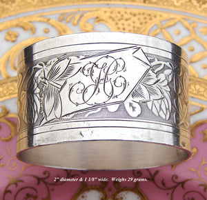 Antique French PUIFORCAT Sterling Silver Napkin Ring, Guilloche Style Decoration, Interlaced Monogram