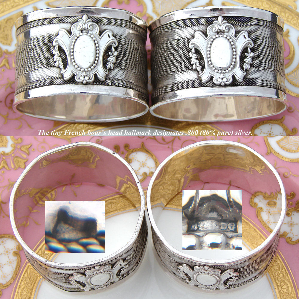 Fab PAIR of Antique French .800 (nearly sterling) Silver Napkin Rings, Ornate Wire Mesh
