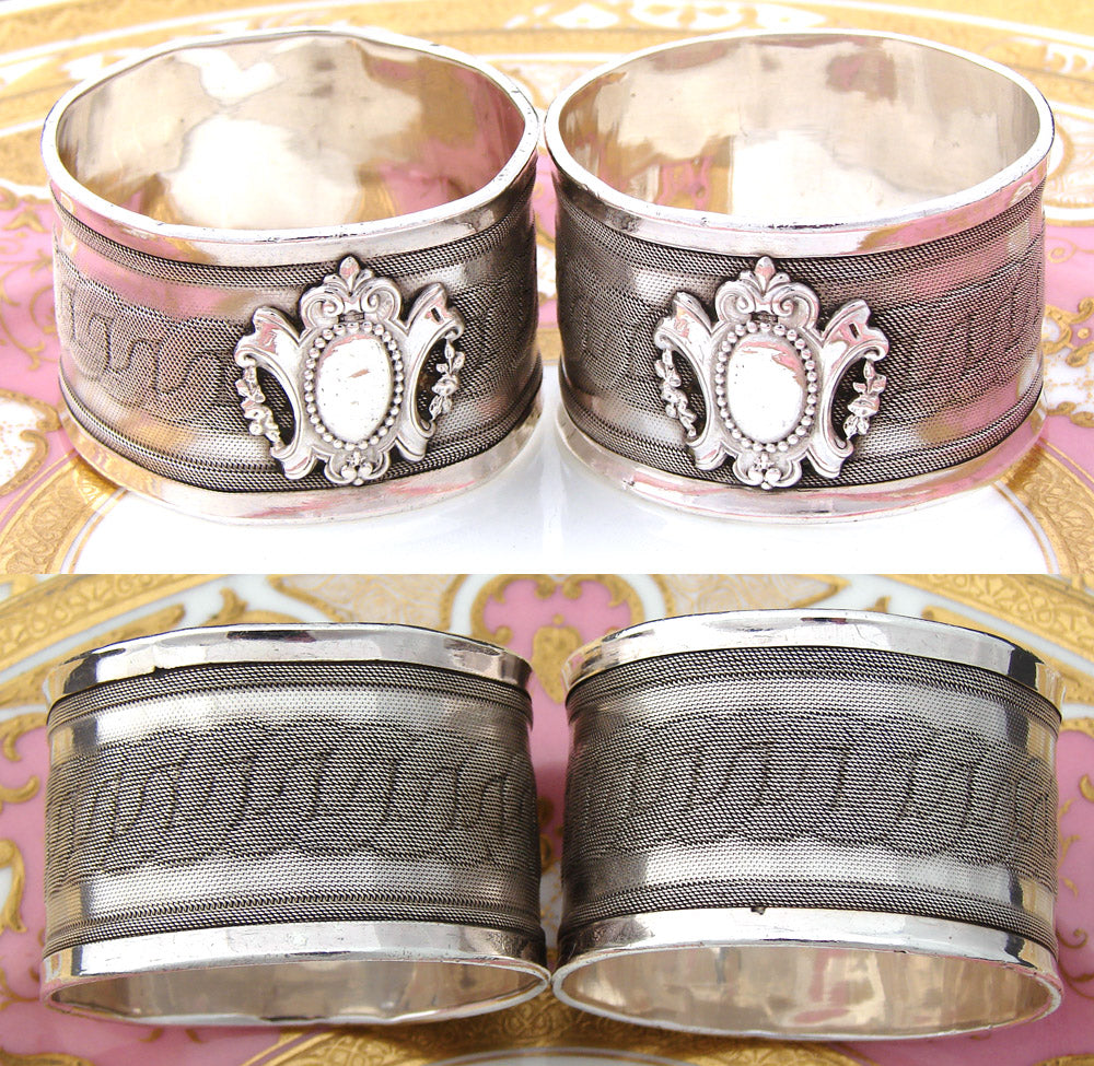 Fab PAIR of Antique French .800 (nearly sterling) Silver Napkin Rings, Ornate Wire Mesh