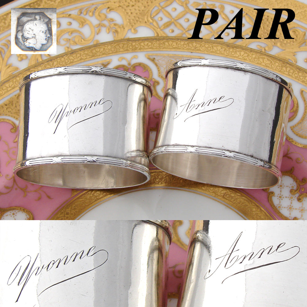 Antique French Sterling Silver 2" Napkin Ring PAIR, Ribbon Borders, "Anne" & "Yvonne"