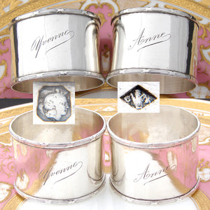 Antique French Sterling Silver 2" Napkin Ring PAIR, Ribbon Borders, "Anne" & "Yvonne"