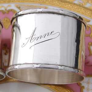 Antique French Sterling Silver 2" Napkin Ring PAIR, Ribbon Borders, "Anne" & "Yvonne"