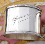 Antique French Sterling Silver 2" Napkin Ring PAIR, Ribbon Borders, "Anne" & "Yvonne"