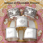 Antique French Sterling Silver 2" Napkin Ring PAIR, Ribbon Borders, "Anne" & "Yvonne"