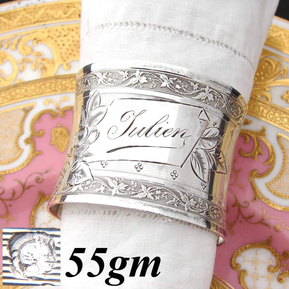 Gorgeous Antique French Sterling Silver Napkin Ring, Foliate Decoration, "Julien" Inscription