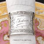 Gorgeous Antique French Sterling Silver Napkin Ring, Foliate Decoration, "Julien" Inscription