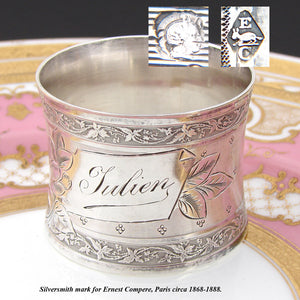 Gorgeous Antique French Sterling Silver Napkin Ring, Foliate Decoration, "Julien" Inscription