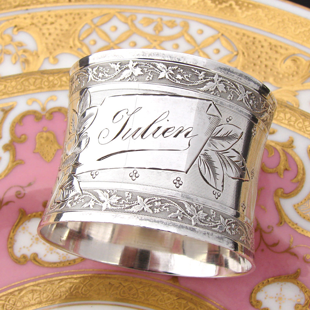 Gorgeous Antique French Sterling Silver Napkin Ring, Foliate Decoration, "Julien" Inscription