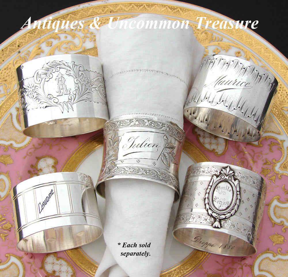 Gorgeous Antique French Sterling Silver Napkin Ring, Foliate Decoration, "Julien" Inscription