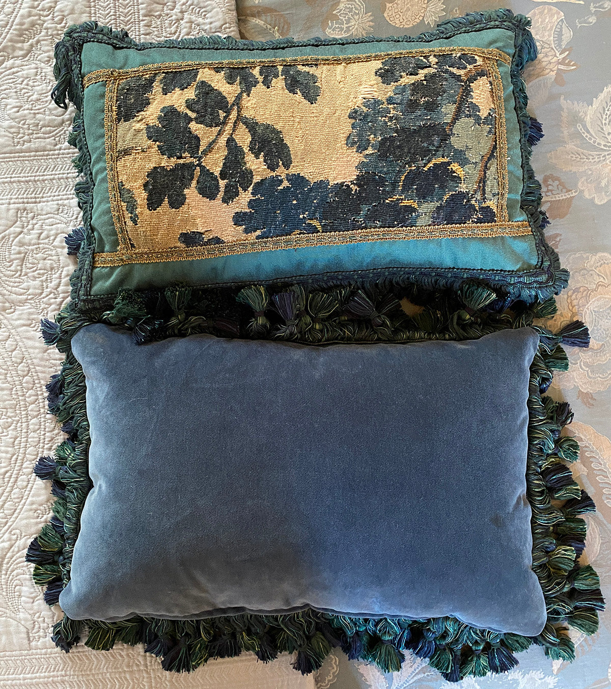 2 Antique c.1600s French Woven Verdure Tapestry Fragments, Panels made into Throw Pillow Pair