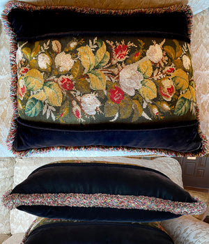 Pair (2) Antique Victorian Needlepoint Panel made into 23" x 18" Velvet Pillow, Down-Filled, Lush Fringe