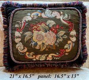 Antique Victorian Needlepoint Panel made into 21" x 16.5" Velvet Pillow, Down-Filled, Lush Fringe