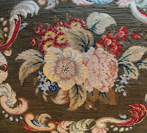 Antique Victorian Needlepoint Panel made into 21" x 16.5" Velvet Pillow, Down-Filled, Lush Fringe