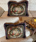 Antique Victorian Needlepoint Panel made into 21" x 16.5" Velvet Pillow, Down-Filled, Lush Fringe