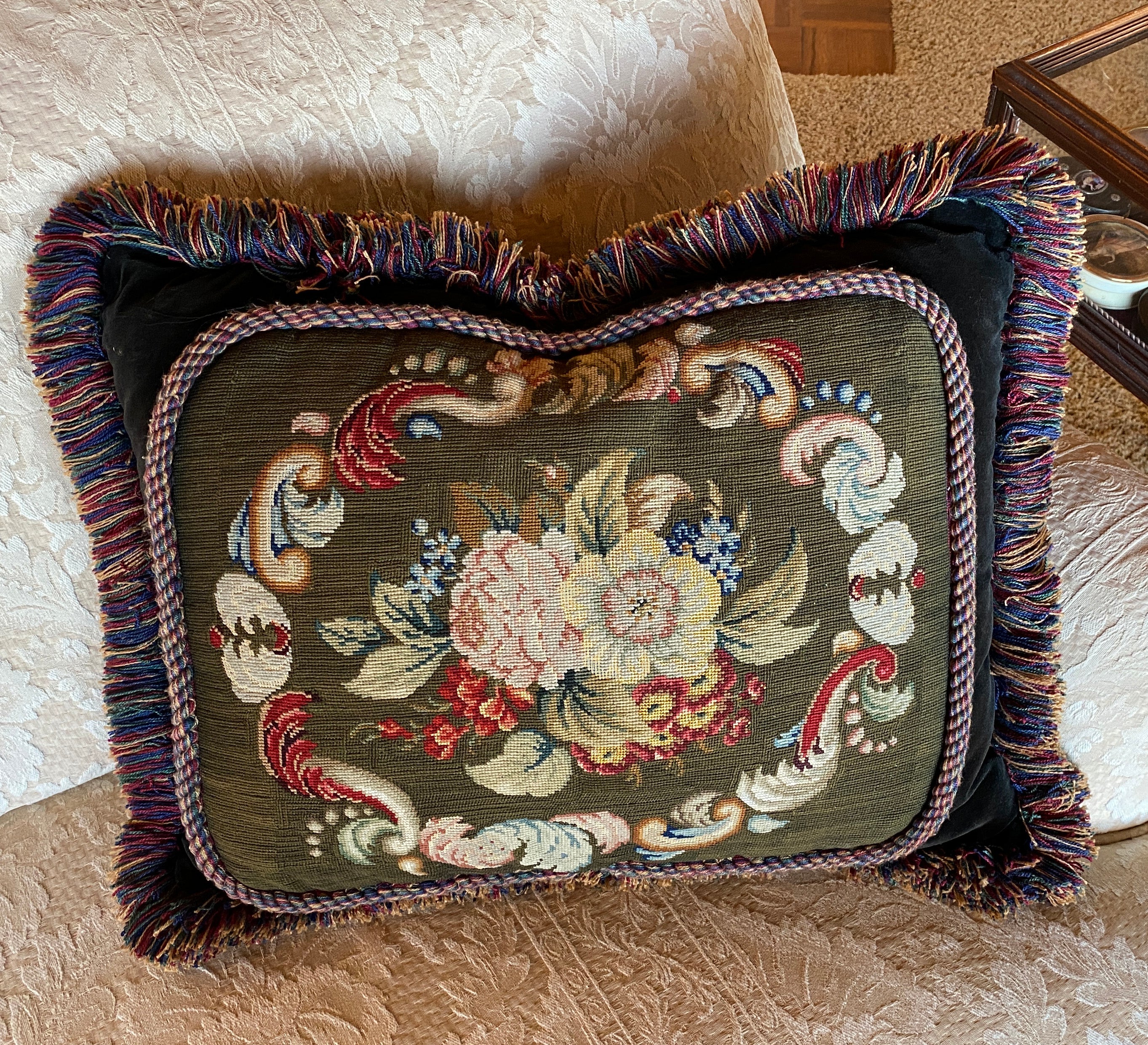 Antique Victorian Needlepoint Panel made into 21" x 16.5" Velvet Pillow, Down-Filled, Lush Fringe