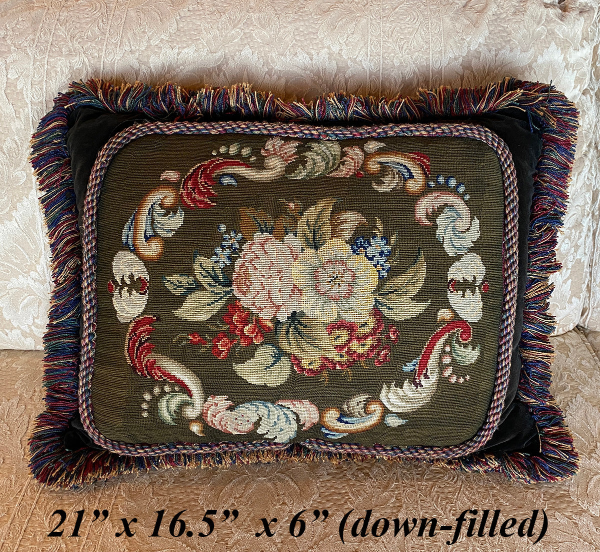 Antique Victorian Needlepoint Panel made into 21" x 16.5" Velvet Pillow, Down-Filled, Lush Fringe