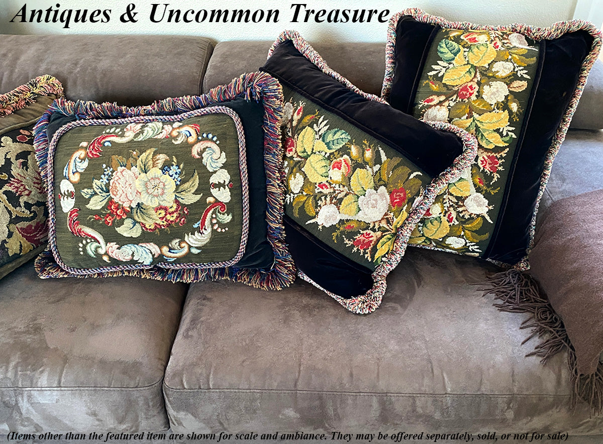 Antique Victorian Needlepoint Panel made into 21" x 16.5" Velvet Pillow, Down-Filled, Lush Fringe