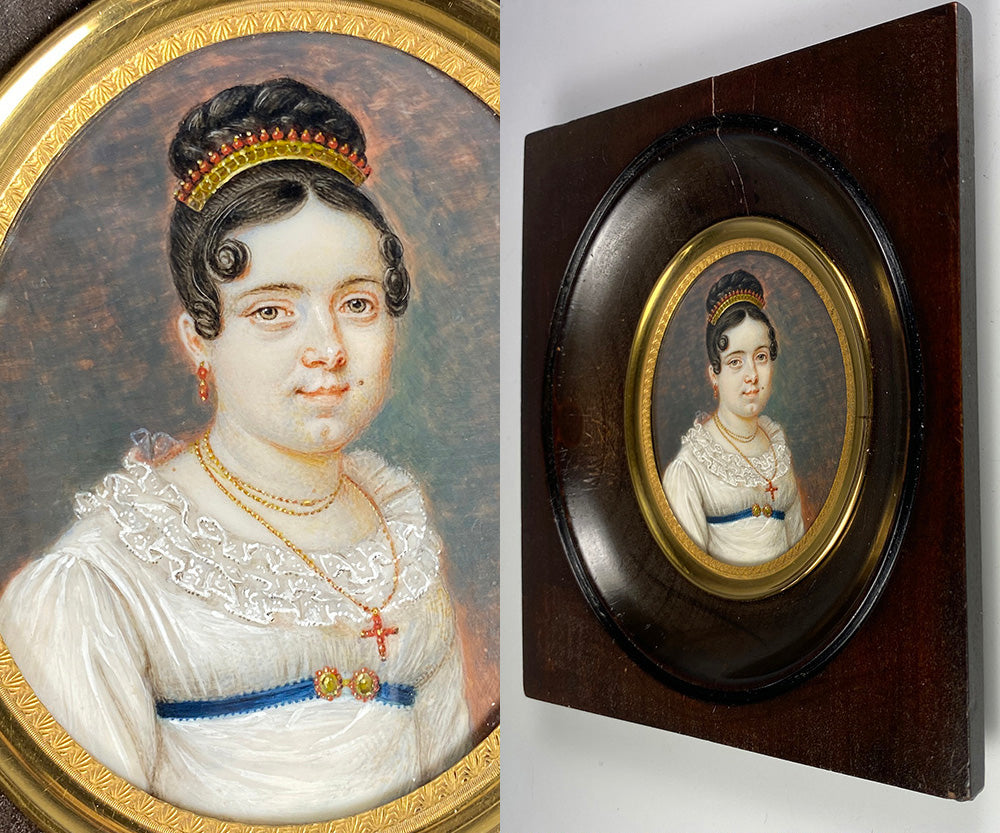 Antique French Empire Portrait Miniature, Young Woman in Red Coral Tiara, Palais Royal Jewelry