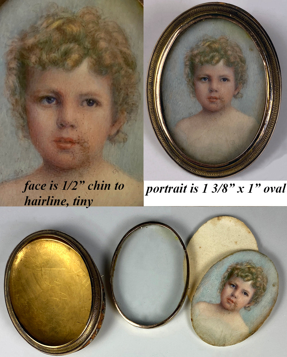 Antique English Portrait Miniature, Blond Child or Baby, 12k 14k Pendant or Brooch