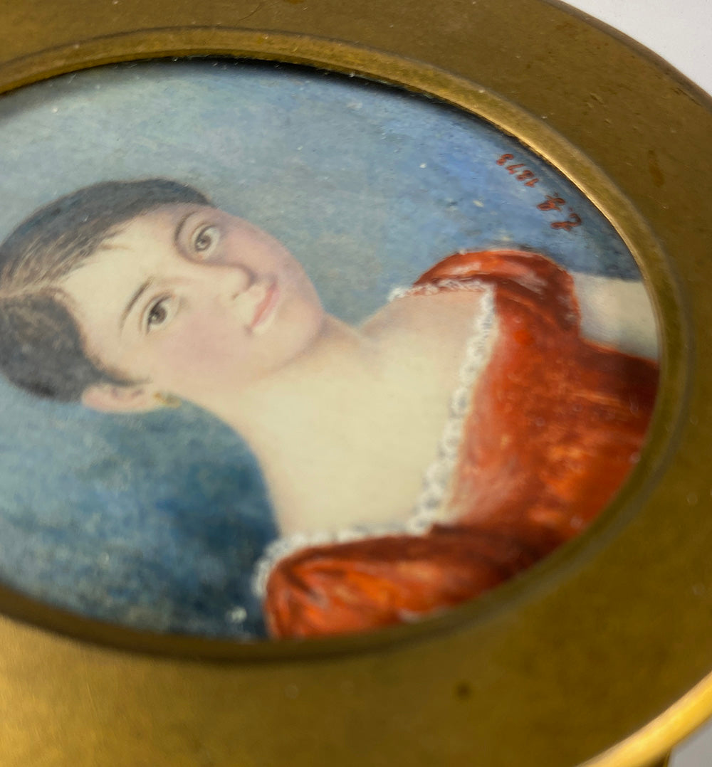 Antique French Empire HP Portrait Miniature, c.1813, Young Girl in Easel Stand Dore Bronze Frame