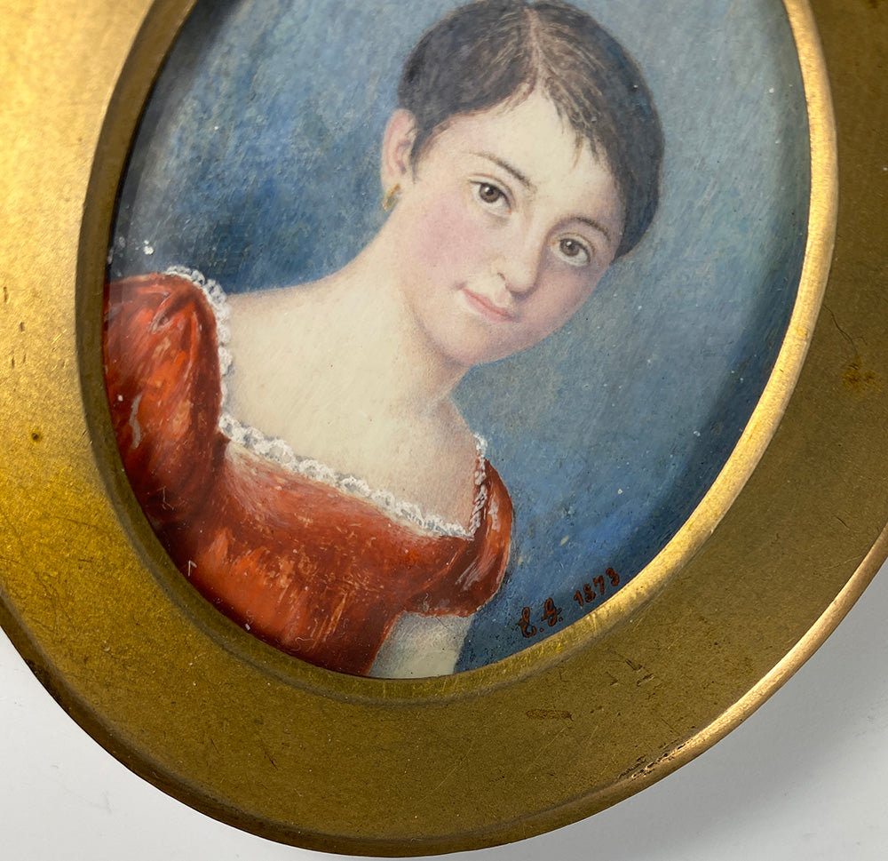 Antique French Empire HP Portrait Miniature, c.1813, Young Girl in Easel Stand Dore Bronze Frame