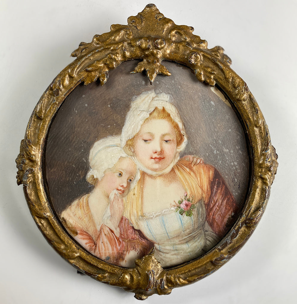 Fine Antique French Portrait Miniature, Mother and Child, in 4.5" Frame, Easel Back