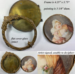 Fine Antique French Portrait Miniature, Mother and Child, in 4.5" Frame, Easel Back