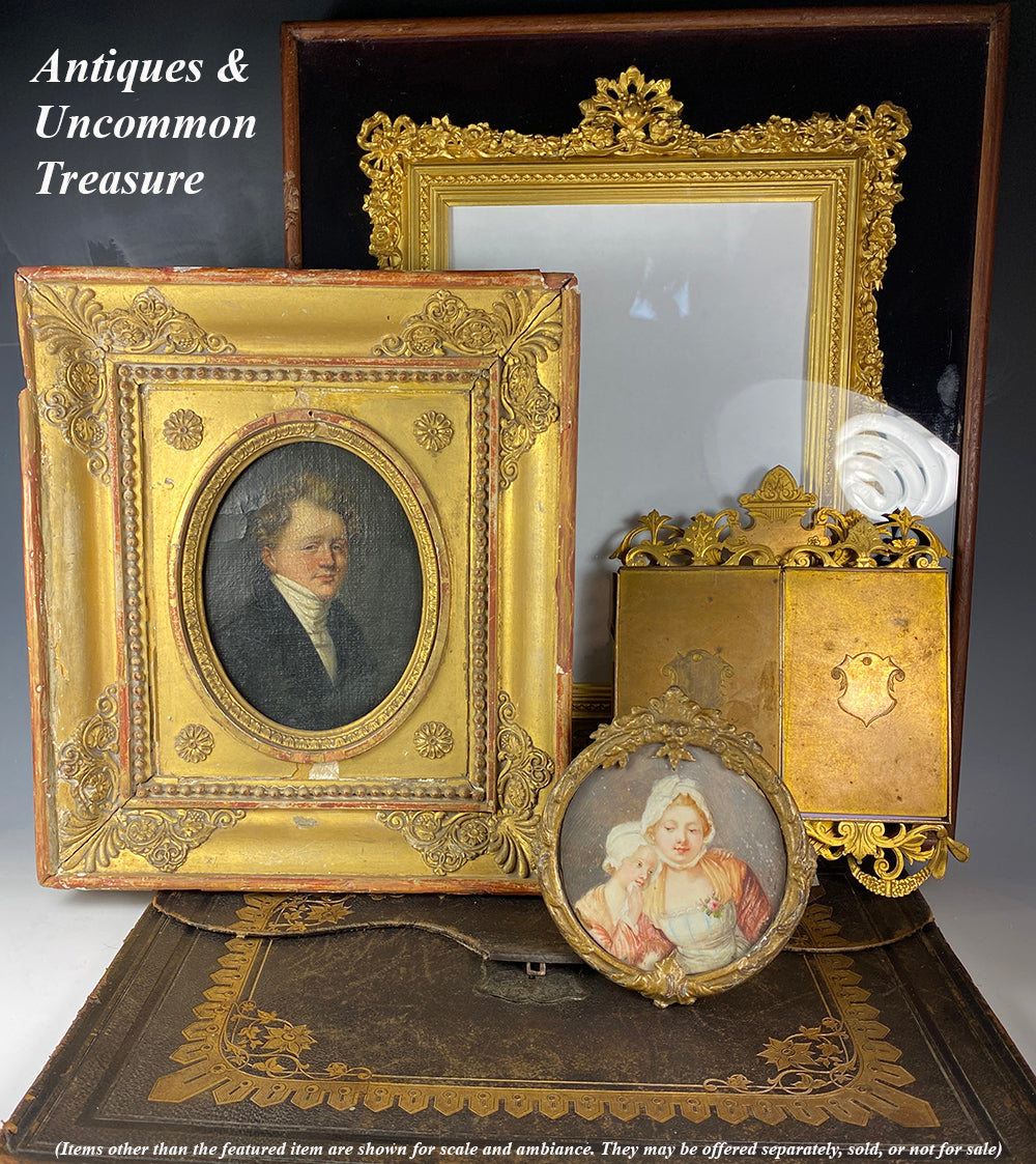 Antique French Empire Oil Painting Portrait Miniature in Wood and Gesso Empire Frame