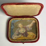 Antique c.1700s Signed Portrait Miniature, Beautiful Girl with Pet Bird on String, in Case