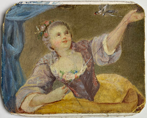 Antique c.1700s Signed Portrait Miniature, Beautiful Girl with Pet Bird on String, in Case