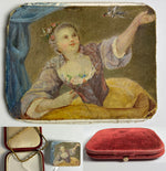 Antique c.1700s Signed Portrait Miniature, Beautiful Girl with Pet Bird on String, in Case