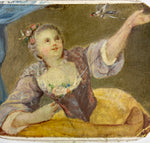 Antique c.1700s Signed Portrait Miniature, Beautiful Girl with Pet Bird on String, in Case