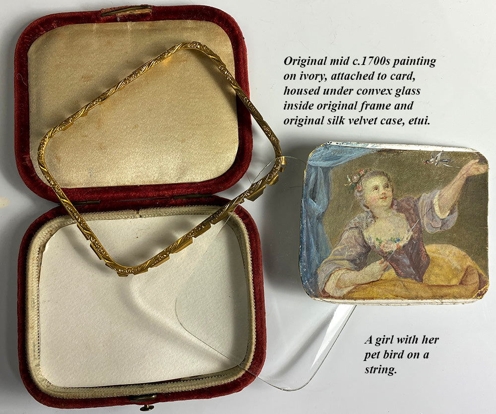 Antique c.1700s Signed Portrait Miniature, Beautiful Girl with Pet Bird on String, in Case