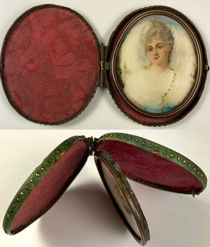 Antique c.1750 Portrait Miniature in French Shagreen Travel Case, Unique Frame