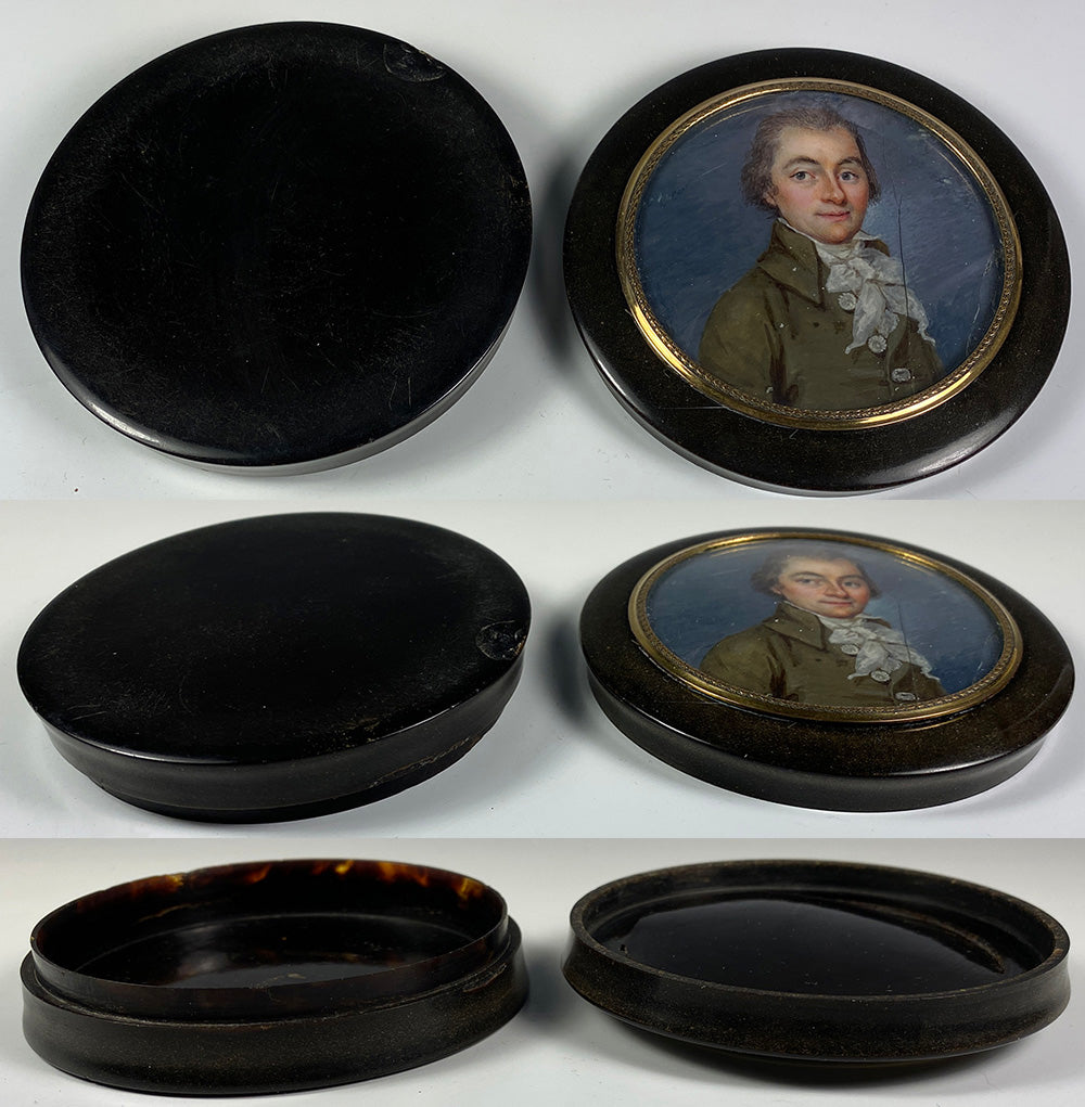 Antique French Portrait Miniature, c.1800-30s, Gentleman, set in top of Table Snuff Box