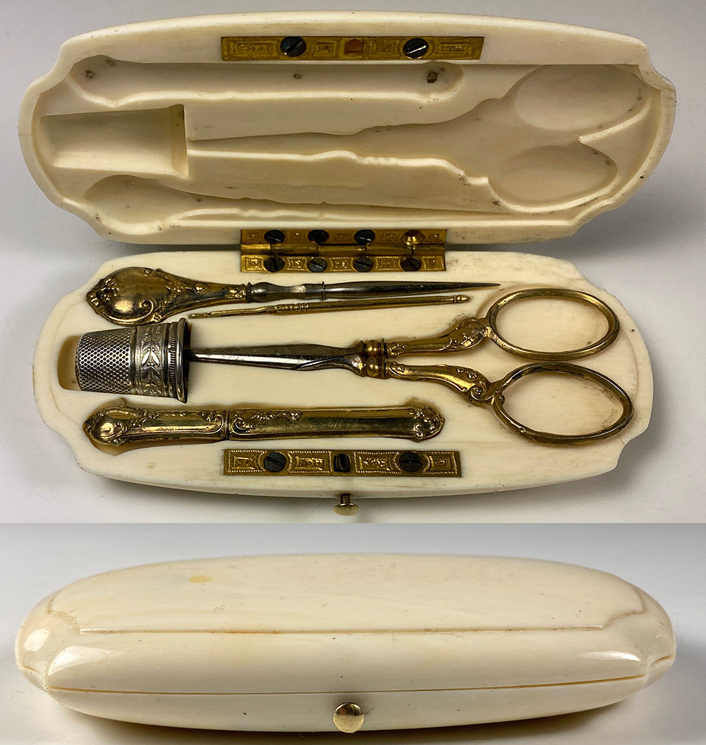 Antique French Sewing Set, Ivory Kit, Etui, Complete S Silver 18k Vermeil Tools, Napoleon III