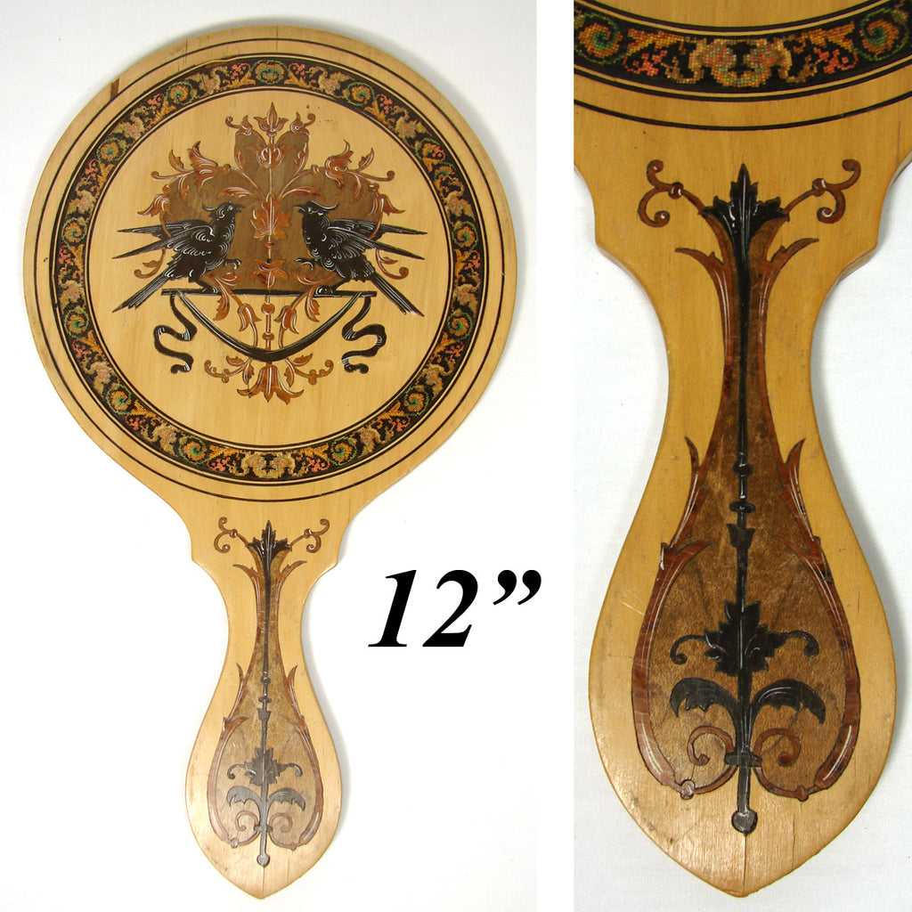 Antique Italian Sorrento Inlaid Wood 12.25" Hand or Vanity Mirror, Figural with Mosaic Style Inlays