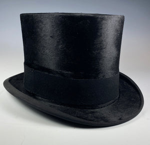 Antique French Formal Top Hat in Black Beaver Fur, Silk, PARIS Maker