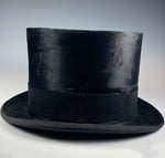 Antique French Formal Top Hat in Black Beaver Fur, Silk, PARIS Maker