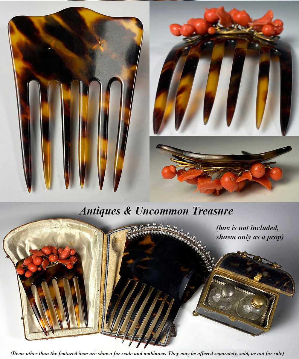 Antique Tortoise Shell Hair Ornament, Comb, Tiara, Fine Carved Red Coral 18k Mount