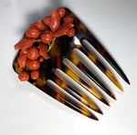 Antique Tortoise Shell Hair Ornament, Comb, Tiara, Fine Carved Red Coral 18k Mount