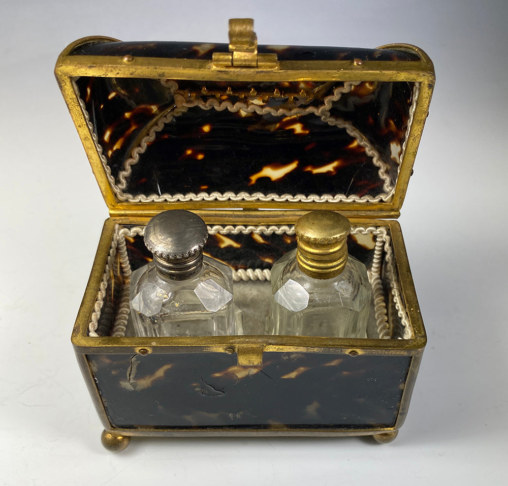 Antique French Tortoise Shell & Ormolu 2 Bottle Scent Caddy, Perfume Flasks