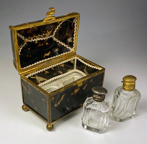 Antique French Tortoise Shell & Ormolu 2 Bottle Scent Caddy, Perfume Flasks